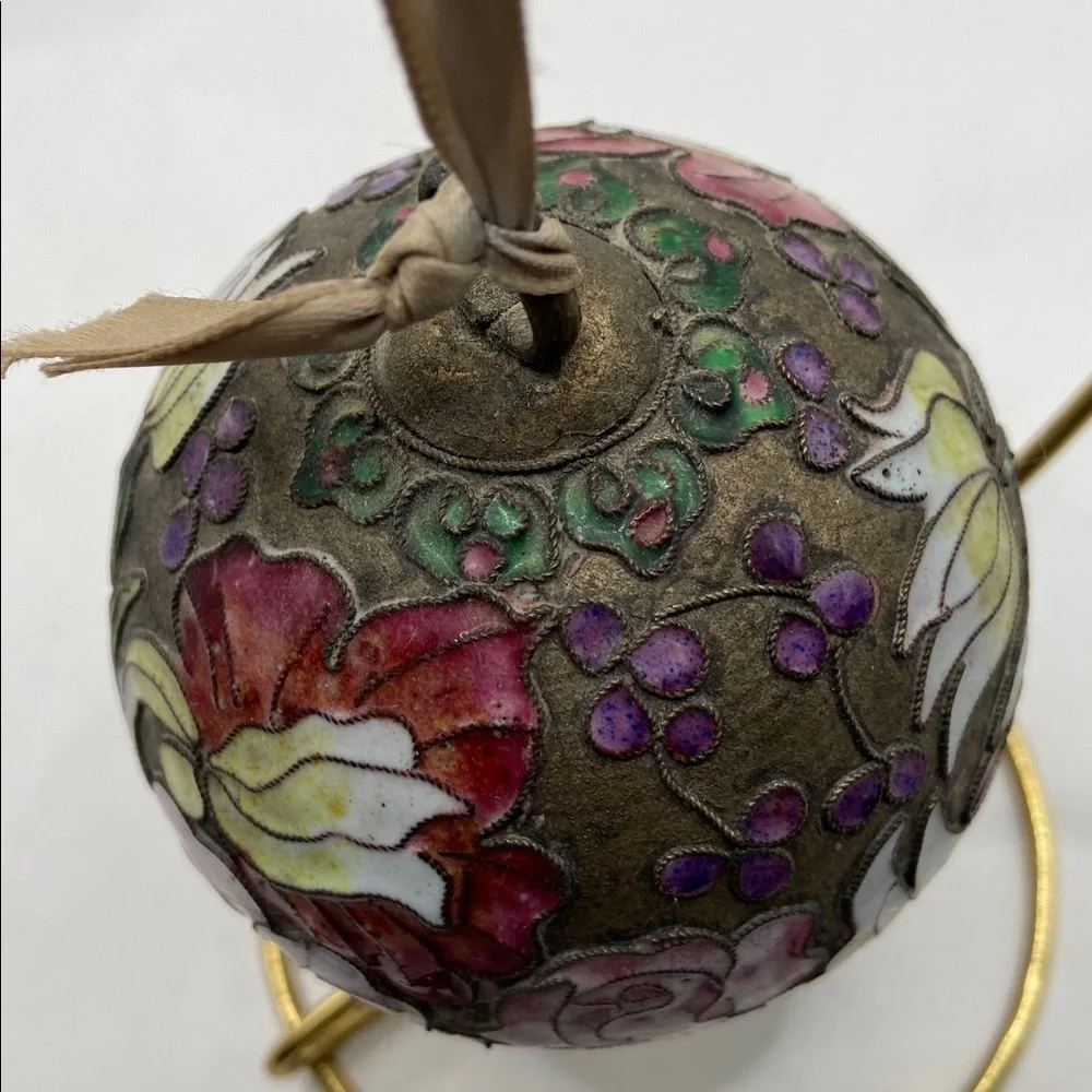 Vintage Enamel Cloisonné Egg Ornament With Ribbon Tie  And Stand